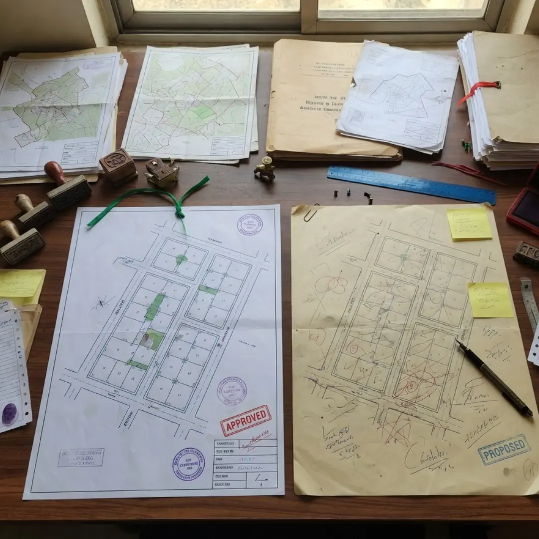 HMDA layout approval documents showing Approved and Proposed stamped plot plans on an office desk