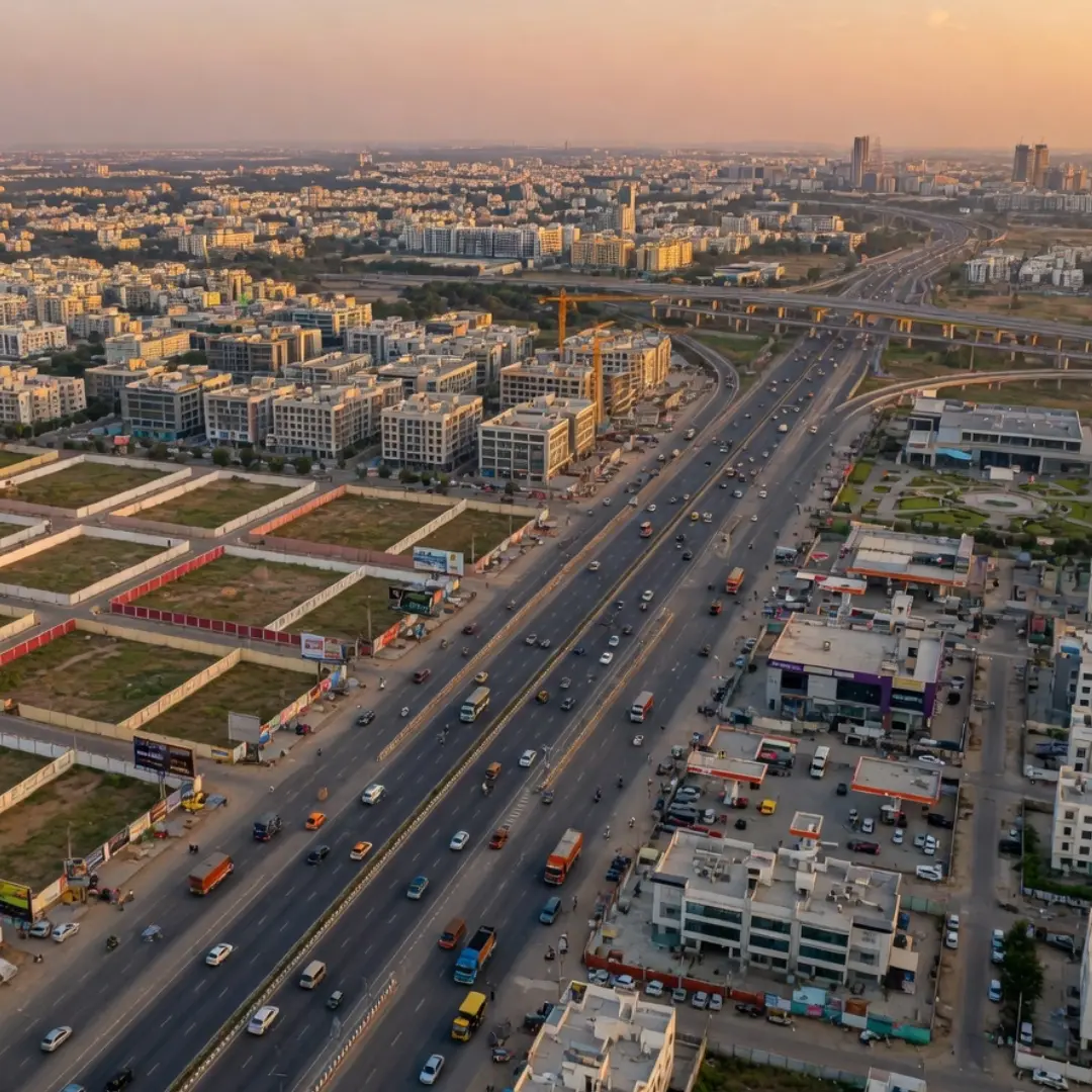 Aerial view of open villa plots near NH-65 Sangareddy with BT roads and highway visible at sunset