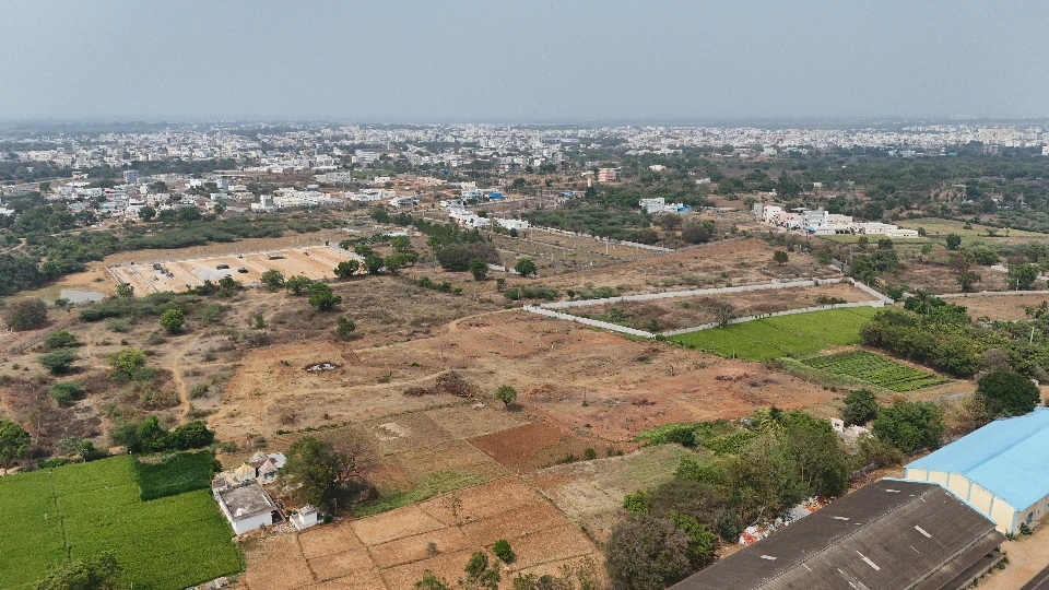Aerial drone view of Vasantha Vihar Enclave open plots in Sangareddy near NH-65
